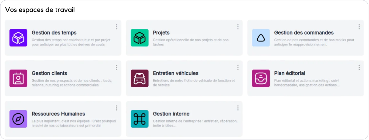 Liste d'espaces de travail dans Compozz