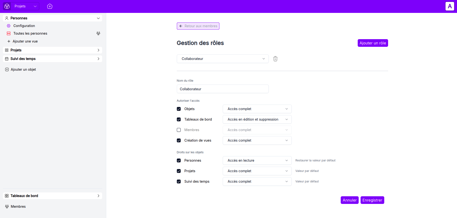 Vue des droits accorder au rôle Collaborateur