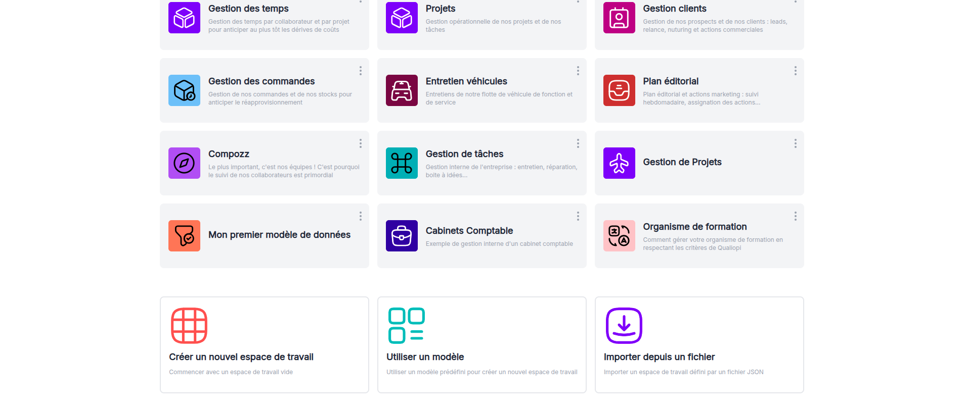 Vue de la page d'accueil et du module d'import de fichier