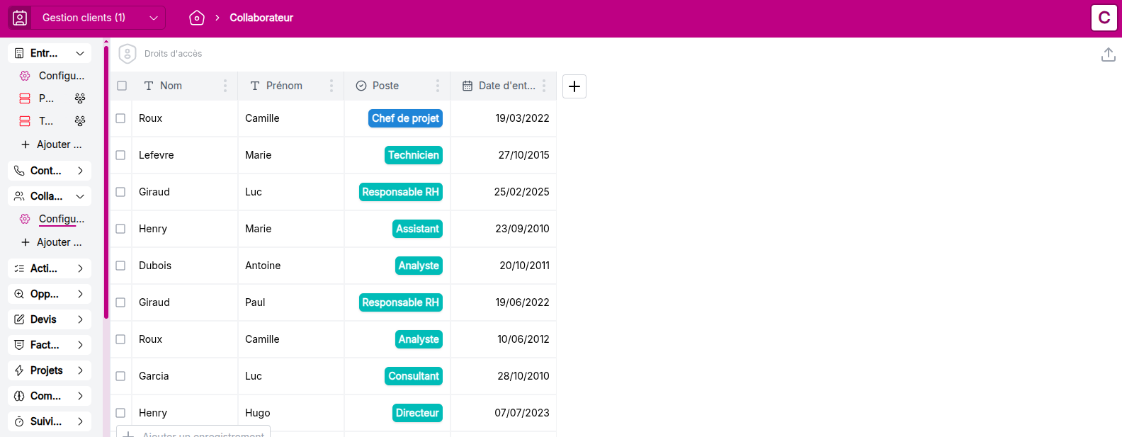 Vue de l'objet collaborateur après import des données