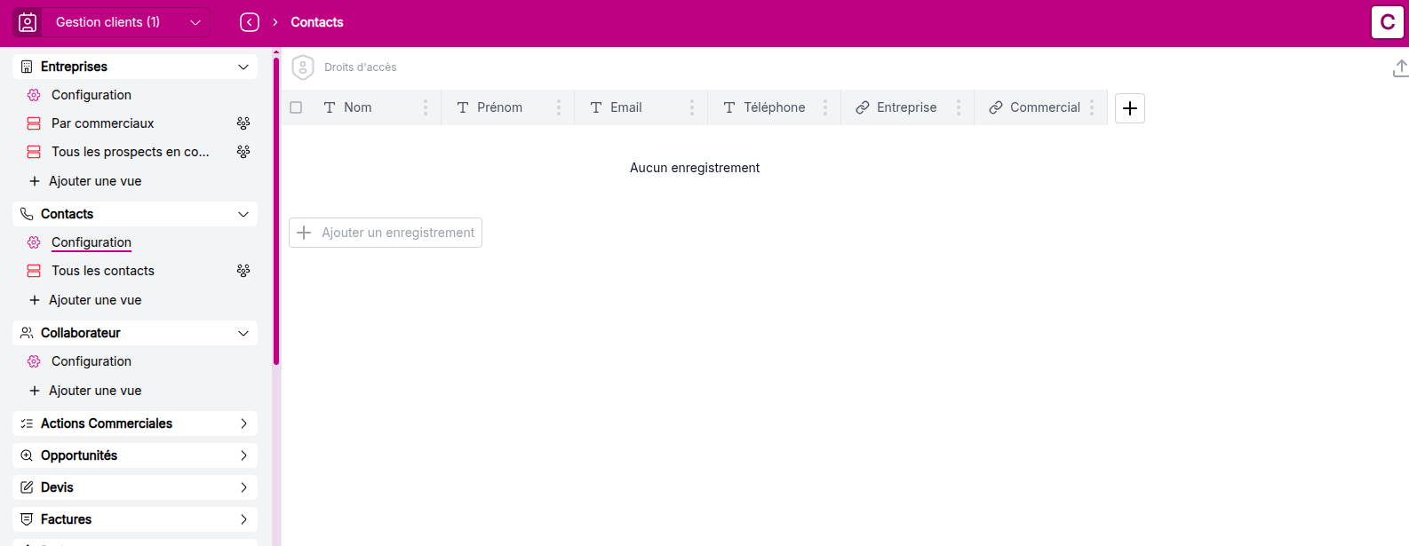 Vue de l'objet Entreprises sans donnée