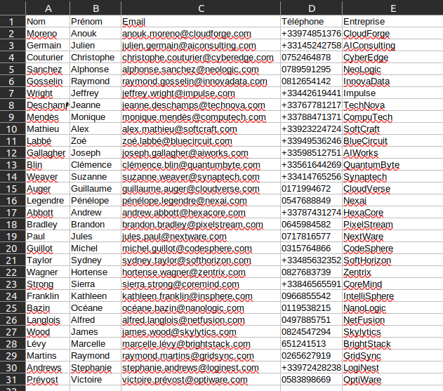 Configuration du fichier .csv pour l'import des données des contacts