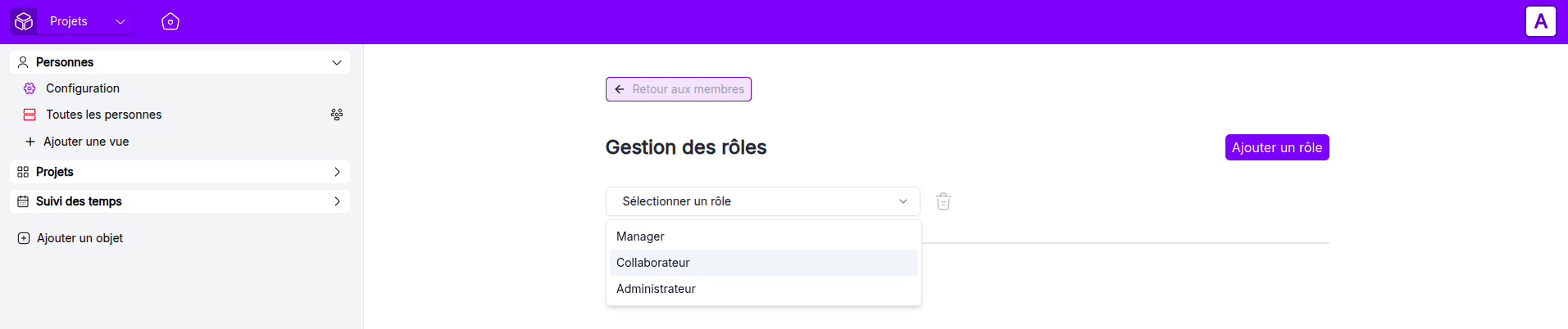 Sélection d'un rôle pour modification des droits d'accès